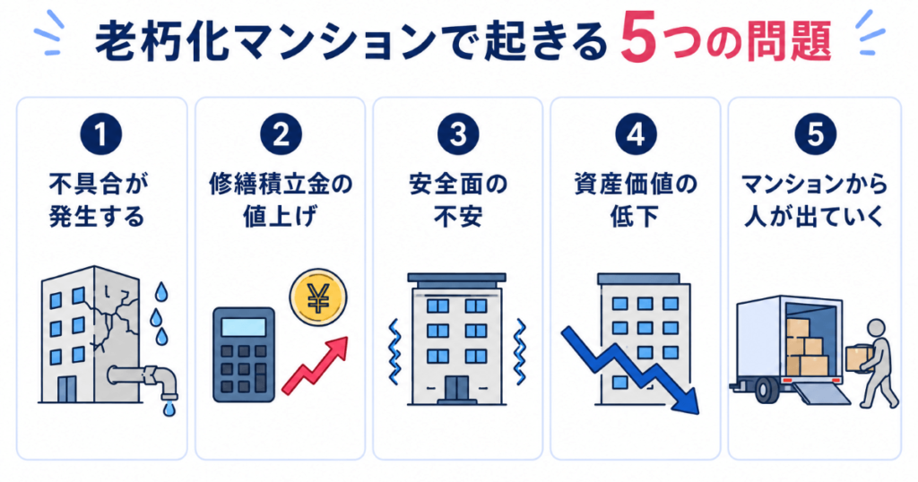 老朽化マンションで起きる問題の図